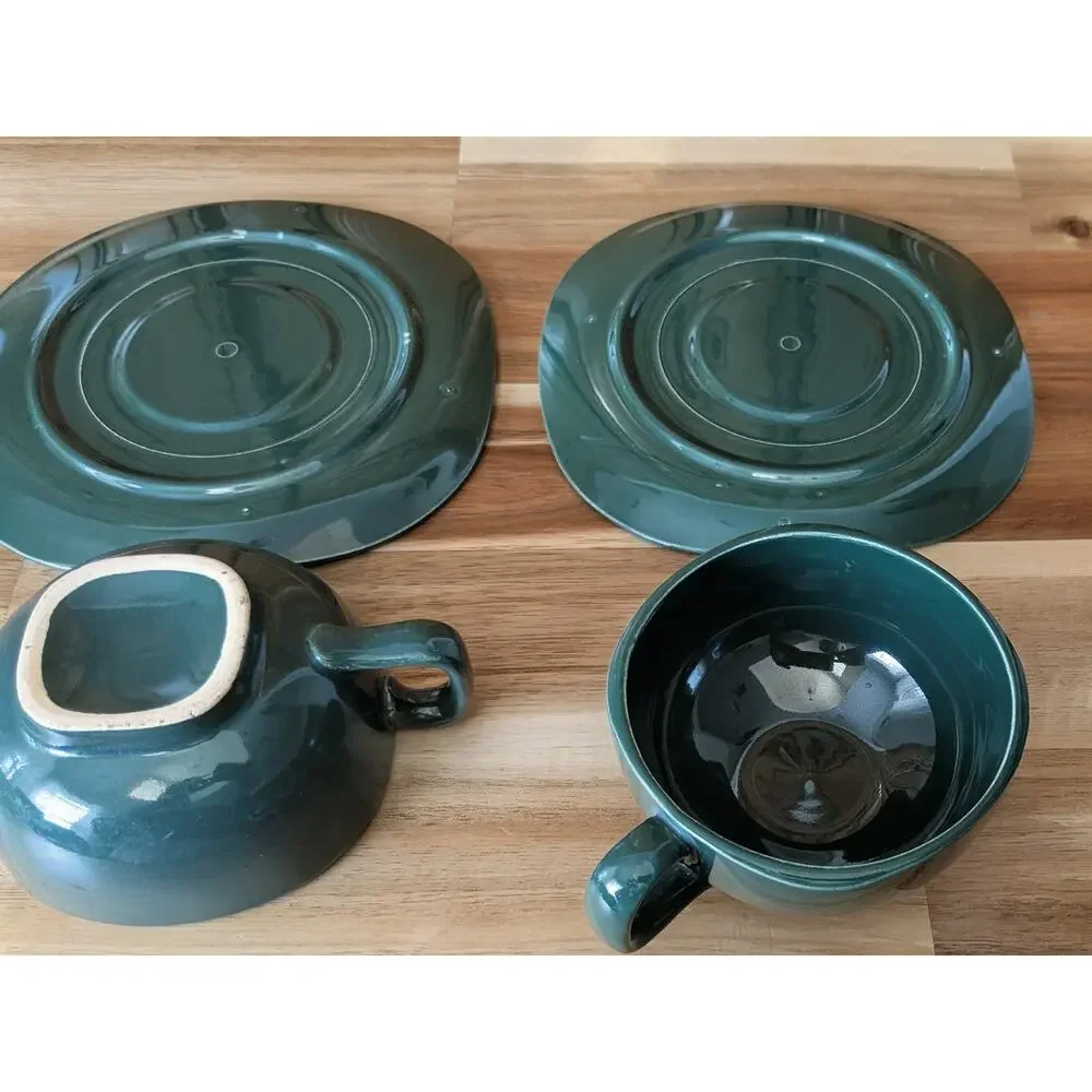 Vintage Deep Forest Green Ceramic Soup Mugs & Saucers